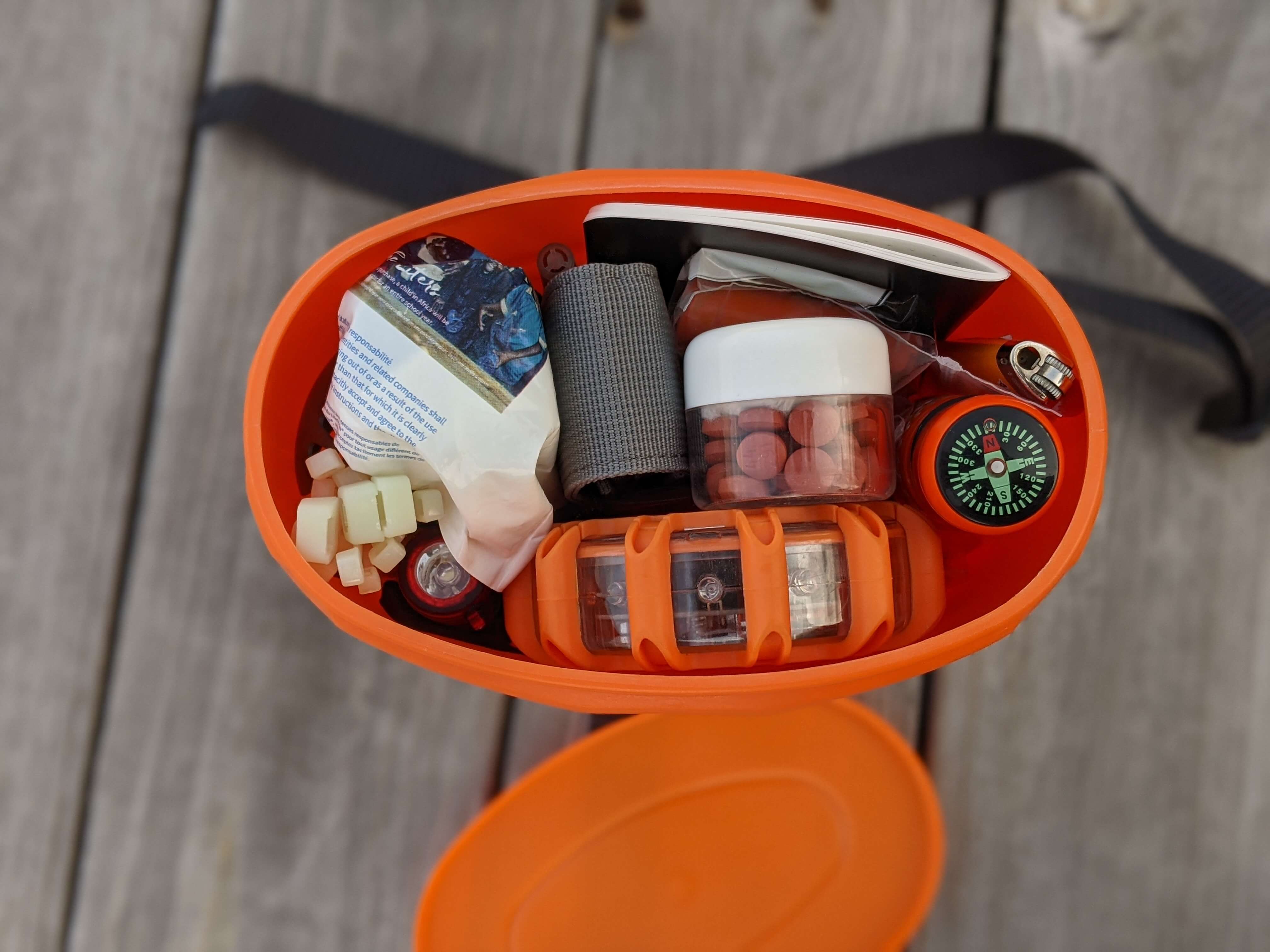 a view of the packed survival kit